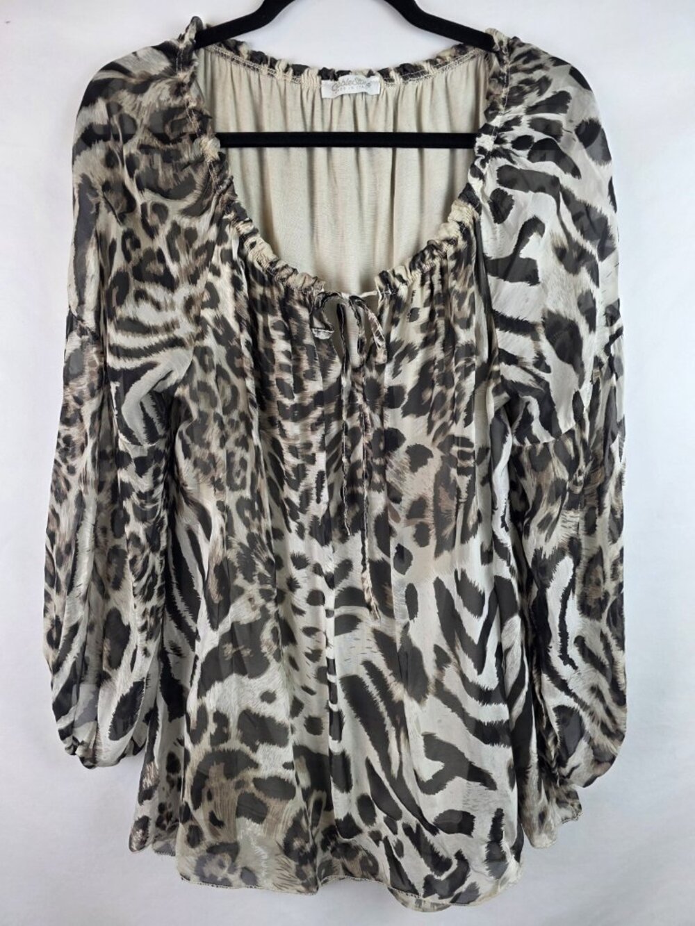 CobbleStone Womens Blouse Size U One Size Sheer Leopard Long Sleeve Top Shirt